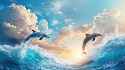 Naklejka premium Animals and Wildlife: A playful group of dolphins leaping out of the ocean waves, capturing the energy and grace of marine life.