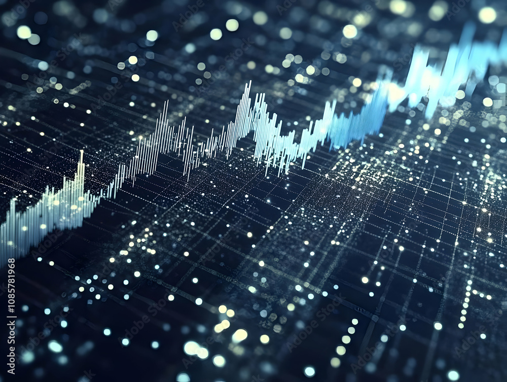 Poster dynamic data visualization of abstract digital graph showcasing fluctuating trends and statistics in