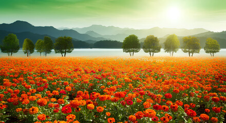 Obraz premium A vibrant orange flower field stretches towards a row of trees near a serene lake under a sunny sky.
