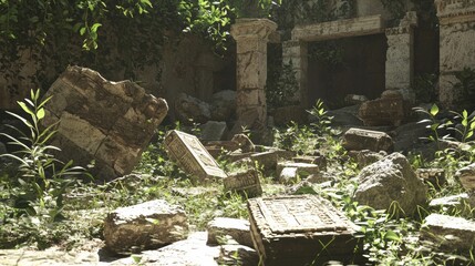 Ancient Roman Marketplace Ruins: 3D Render of Weathered Stones and Scattered Artifacts, Capturing Daily Life and Trade with Dramatic Lighting