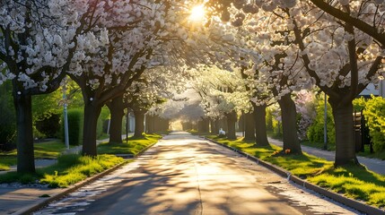 Fototapeta premium Cherry Blossom Avenue with Morning Sunlight and Peaceful Vibes