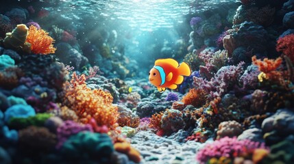 Naklejka premium Clownfish Swimming Through Vibrant Coral Reef