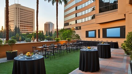 Outdoor Rooftop Patio with Black Tablecloths and Artificial Grass