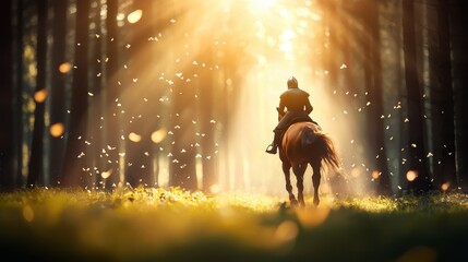 Fototapeta premium Fairy Tales and Storybook Characters: A brave knight in shining armor, riding a horse through a enchanted forest.