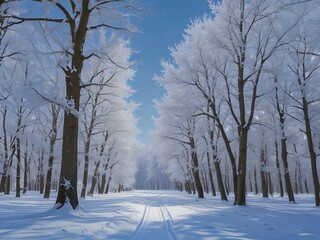 snow covered path at winter forest 