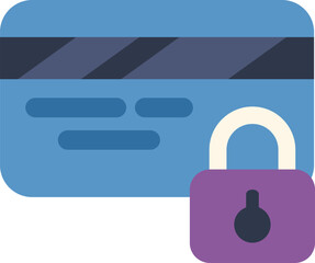 Credit card is being secured with a purple lock, representing online payment security and fraud prevention