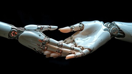 Minimalist white robot hand reaching towards human hand against black background, modern interpretation of creation