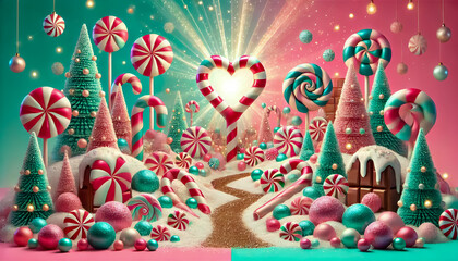 Whimsical Candy land Christmas Scene with Lollipops and Peppermint Forest - Festive Holiday Wonderland Featuring Sugary Treats and Colorful Decorations