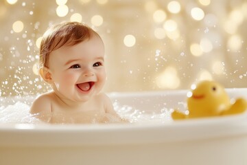 Baby enjoys first bath splashing water with toys in warm light and softly blurred background
