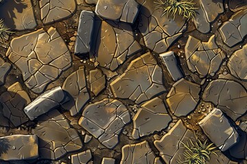 Seamless pattern of rocky terrain with scattered green plants and soil. Detailed cartoon-style environmental design.