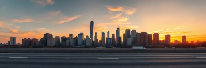 Fototapeta premium Panoramic city skyline and buildings with empty asphalt road at sunset, downtown, urban scene