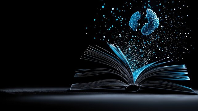 Book Data Visualization: A close up of a holographic open book with data streams flowing into a virtual brain, representing learning, knowledge acquisition, and cognitive enhancement.