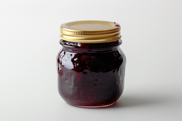 A vintage-style jam jar filled with rich, dark fruit preserves, sitting on a crisp white surface, with a faint shadow underneath.