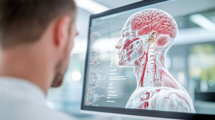 Medical and Health Interfaces: A computer screen showing a 3D model of a human body with interactive anatomical features, representing medical education and anatomical visualization.