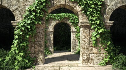 Obraz premium Romantic Harmony of Nature and History - 3D Render of Weathered Stone Archways of Roman Ruins Intertwined with Climbing Ivy in Dramatic Light