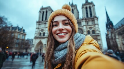 An influencer taking a selfie in front of a historic landmark, with the city's energy and architecture framing the shot.