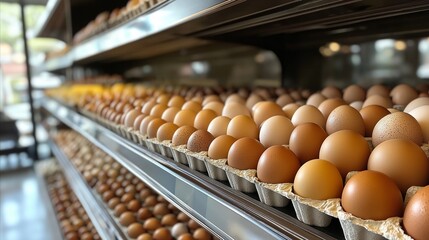 Rows of fresh brown eggs in cartons, displayed under soft lighting in an organized grocery setting