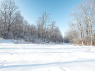 Fototapeta premium Snow-covered landscape with barren trees and clear blue sky in the background, nature