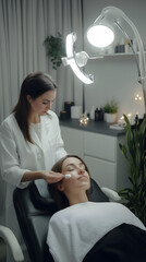 Cosmetologist at work in beauty salon, Woman wearing white medical coat sitting by relaxed female client getting treatment for healthy clear skin 