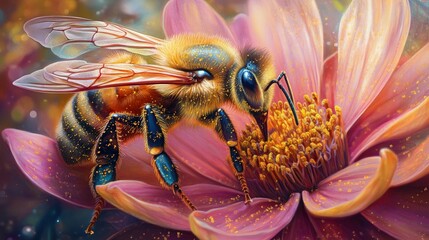 Bee pollinates flower nature scene macro photography vibrant colors close-up view biodiversity concept for seo impact