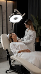 Cosmetologist at work in beauty salon, Woman wearing white medical coat sitting by relaxed female client getting treatment for healthy clear skin 