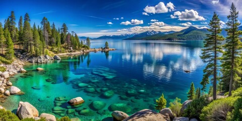 Lake Tahoe Serenity - A Panoramic View of Emerald Waters, Mountain Peaks, and Lush Forest, lake tahoe, mountain lake, california landscape