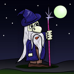 Vector fantasy illustration. Wizard with pointy hat, staff and long cloak standing under night sky with stars and moon. wizard, mage, hat, magical, fantasy.