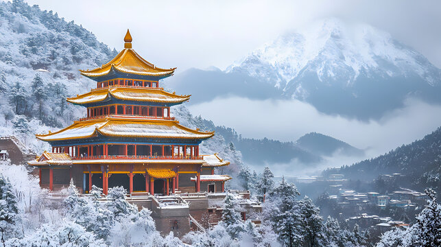 Rizhao golden hill in yunnan province - meili snow mountain. Halcyon. Illustration
