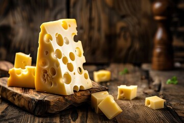 A piece of cheese with holes cut into it, sitting on top of an old wooden board next to some other pieces of cheese