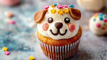 Delightful dog-themed cupcake adorned with colorful frosting and playful decorations perfect for any celebration