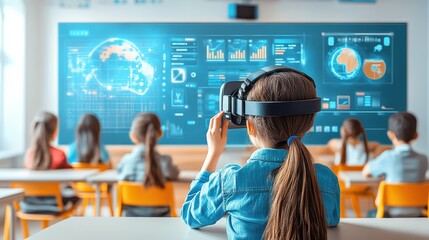A futuristic classroom where students learn through augmented reality and AI-driven educational tools, enhancing traditional learning methods.