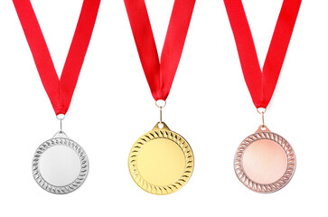 Gold, silver and bronze medals isolated on white