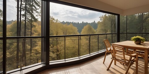 Fototapeta premium A wooden deck or balcony overlooking a scenic forest landscape