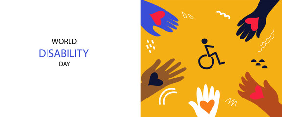 Obraz premium Person in wheelchair. International day of persons with Disabilities. vector banner. Abstract Flat hand drawn drawing illustration for social media