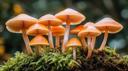 Fototapeta premium Vibrant mushrooms growing on soft moss forest floor nature photography earthy color palette close-up view focusing on natural beauty