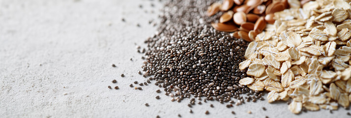 Natural Food Background Featuring Chia Seeds, Flaxseeds, and Oats