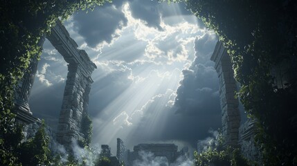 Fototapeta premium Majestic 3D Render of Ancient Roman Ruins Amidst Storm Clouds with Sun Rays - Ultra-Detailed Atmospheric Artwork with Dramatic Light
