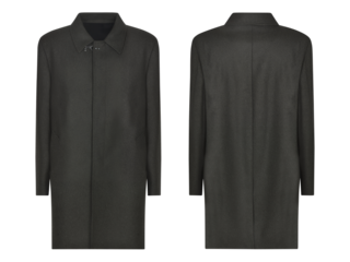 Blank black overcoat mockup, weather template front and back view, isolated on transparent background