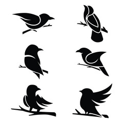 Collection of bird silhouette logos perched on tree branches