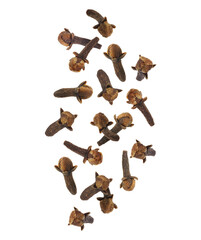 Clove buds in air on white background. Aromatic spice