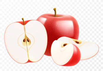 Red ripe juicy apple isolated on transparent background. A whole apple and pieces of a delicious apple. Realistic 3d vector illustration. Bright fruit composition. Template for your summer design