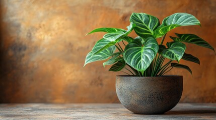 A decorative plant in a textured pot against a warm, artistic background.