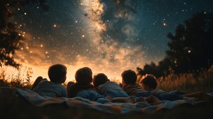A group of kids lying on a blanket in the backyard, stargazing and telling stories as the night sky fills with stars.