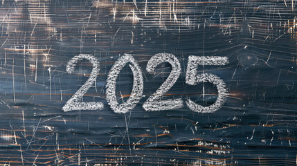 White chalk writing of the year 2025 on a dark surface