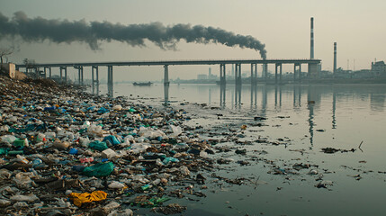 This depicts polluted Indian river filled with waste, showcasing environmental impact of industrial activities. scene evokes sense of urgency for ecological awareness and action