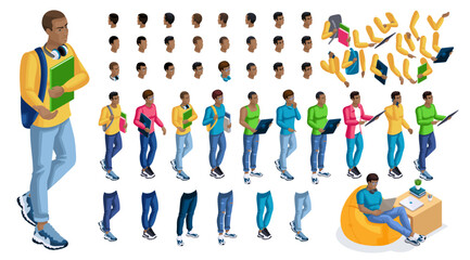 Isometric cartoon people, 3D Set for creating Black Man Student person. Full length gestures isolated, N7. Create your own design for vector