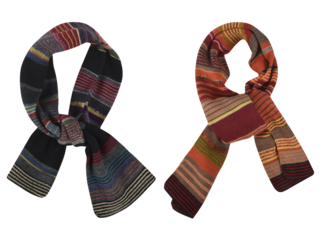 Stylish wool striped scarf for winter isolated on white background.