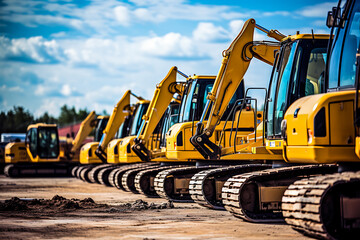 Photo Fleet of yellow construction machines background