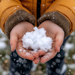 Children’s hands holding a handful of fresh snow, with their mittens dusted and snowflakes falling gently around