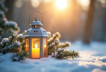 Christmas Lantern On Snow With Fir Branch in the Sunlight. Winter Decoration Background